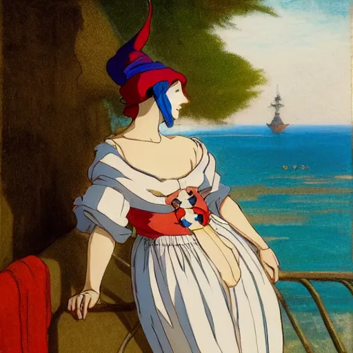 Image similar to A jester on the front of a Balustrade with a beach on the background, a colab between studio ghibli and paul delaroche