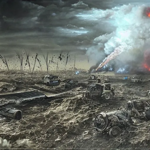 Prompt: hyper realism, surrealism, realistic apocalyptic war scene, explosions,