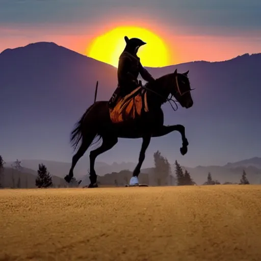 Image similar to ninja riding a horse toward sunset