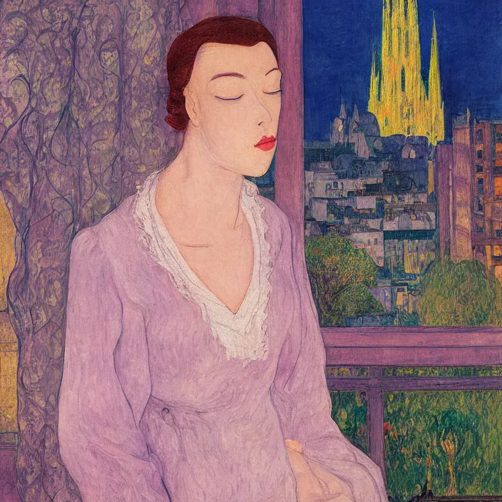 Prompt: close portrait of woman in night gown with cat and aloe vera, with city with gothic cathedral seen from a window frame with curtains. sun through the clouds, vivid iridescent colors. agnes pelton, egon schiele, henri de toulouse - lautrec, utamaro, monet