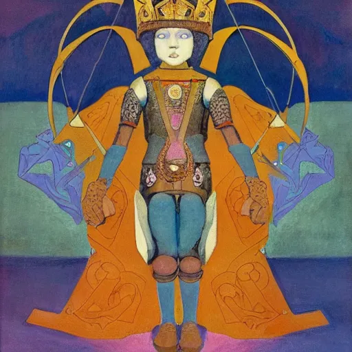 Image similar to the little robot queen in her regalia, by annie swynnerton and alayna danner and diego rivera and nicholas roerich, symbolist, dramatic lighting, elaborate geometric ornament, smooth, sharp focus, extremely detailed, leo and diane dillon, adolf wolfli, soft pastel colors