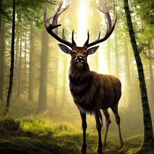 Image similar to photo of an hyper realistic arcanic, celestial highly detailed stag, in a magical highly detailed forest background. sunlight rays throught the trees.