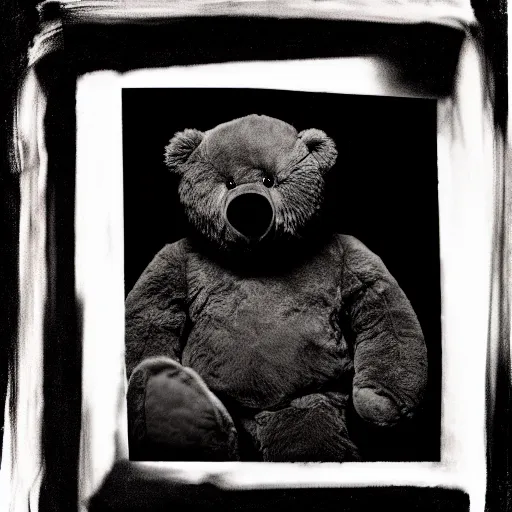 Image similar to a ( ( ( ( ( ( ( ( ( chiaroscuro lighting portrait ) ) ) ) ) ) ) ) ) ) of kanye west dressed as teddy bear mascot, black background, portrait by julia margaret cameron, shallow depth of field, 8 0 mm, f 1. 8