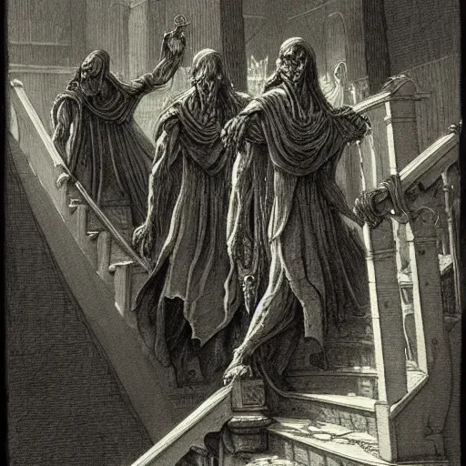 Image similar to a fantasy painting of three demons walking up stairs by Gustave Dore