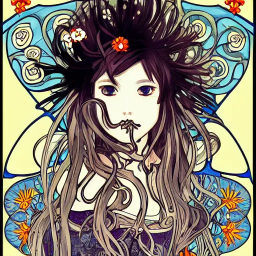 Image similar to anime manga skull portrait woman comic skeleton illustration style by Alphonse Mucha and Gustav Klimt pop art