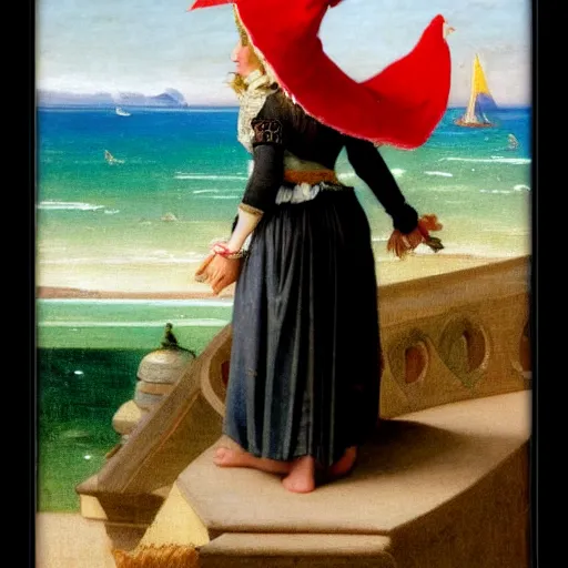 Prompt: A girl with jester hat and clothes on the front of a Balustrade with a beach on the background, major arcana cards, by paul delaroche, hyperrealistic 8k, very detailed