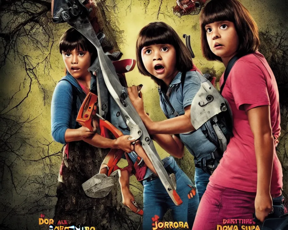 Image similar to a horror movie poster featuring Dora holding a Chainsaw
