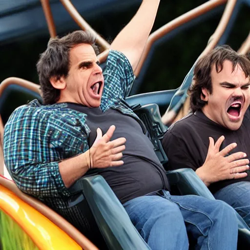 Prompt: ben stiller and jack black on a rollercoaster, screaming, arms up, action - n 8