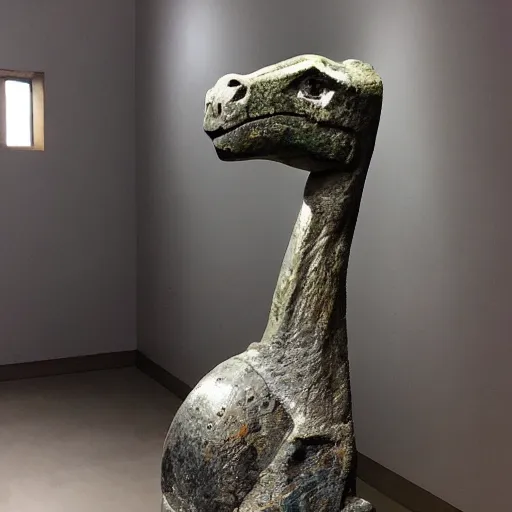 Prompt: ancient Irish, iron age, photo of stone carved statue of a dinosaur, in museum room