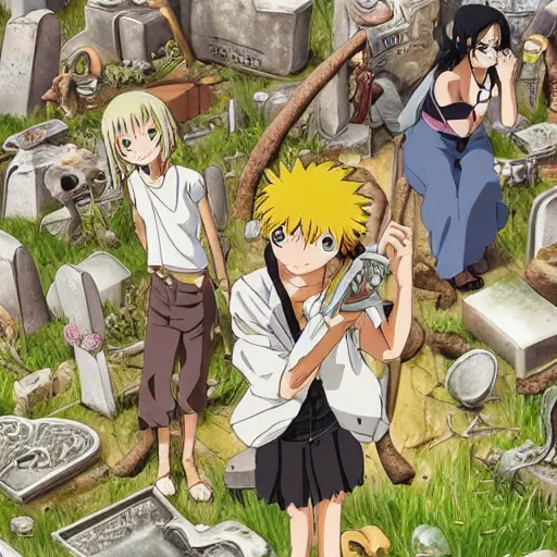 Image similar to archaeological artifact. photograph. death and decay. cemetery; exposed bones. elephant graveyard; cartilage. ancient burial ground. BRIGHT COLOR BEAUTIFUL ANIME PHOTOGRAPH STUDIO GHIBLI SHŌNEN JUMP MANGA BLEACH ONEPIECE VIVID