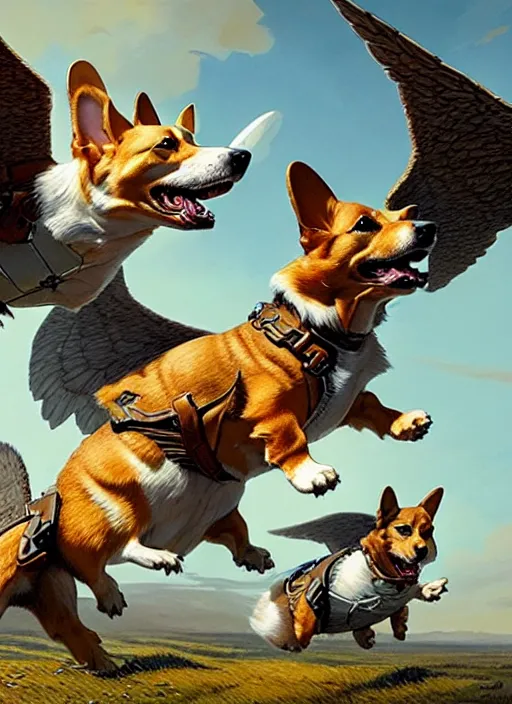 Image similar to masterpiece concept art, three corgis with wings, by greg rutkowski and geof darrow, 8 k, intricate detail, cinematic lighting