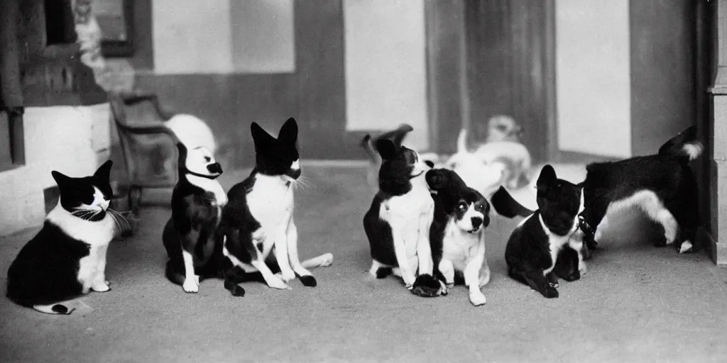 Prompt: very old black and white photo from 1898, film grain, a very serious professor cat is trying to teach the meaning of the universe to a room full of idiot dogs funny