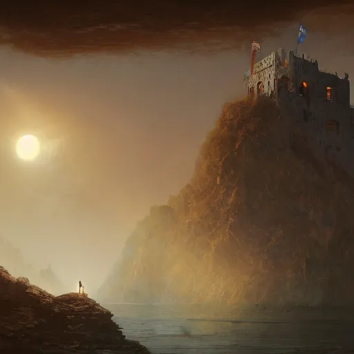 Prompt: prince of persia castle keep on glorious cliff moat with the crescent moon rippling above. Craig Mullins, Dylan Cole, Liang Mark, Darek Zabrocki, Finnian MacManus, Sung Choi, Ruan jia, Albert Bierstadt Greg Rutkowski, Cinematic Keyframe Environmental & Architectural Design Concept Art, Trending on ArtStation