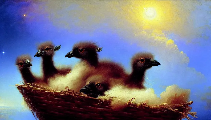 Prompt: highly detailed painting of cute baby emus cuddling up in a basket by ivan aivazovsky, by william turner, by joe fenton, thick brush strokes and visible paint layers, 4 k resolution, outer space nebula background
