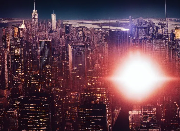 Image similar to film still of the moon shattering into pieces over manhatten in the new disaster movie, 8 k, night time