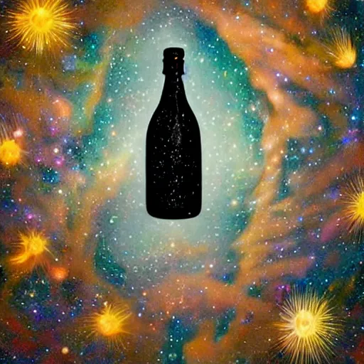 Prompt: milky way in a bottle, stars, small creatures swimming in it, a beautiful woman with a black soft shiny hair, stars, painting, hyper detailed