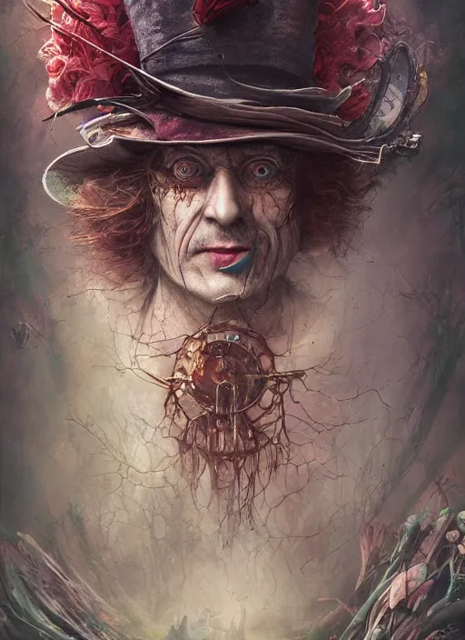 Image similar to Mad Hatter,highly detailed,cinematic,8k,by Stanley Artgermm,Tom Bagshaw,Greg Rutkowski,Carne Griffiths, Ayami Kojima, Beksinski, Giger,Anne Stokes, Benjamin Lacombe,trending on DeviantArt,hyper detailed,horror, full of colour