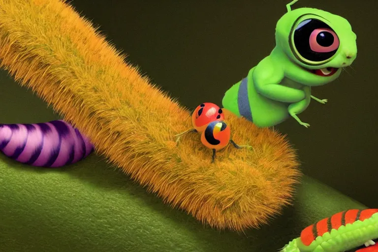 Image similar to disney pixar's a bug's life, cgi caterpillar colorful, furry caterpillar