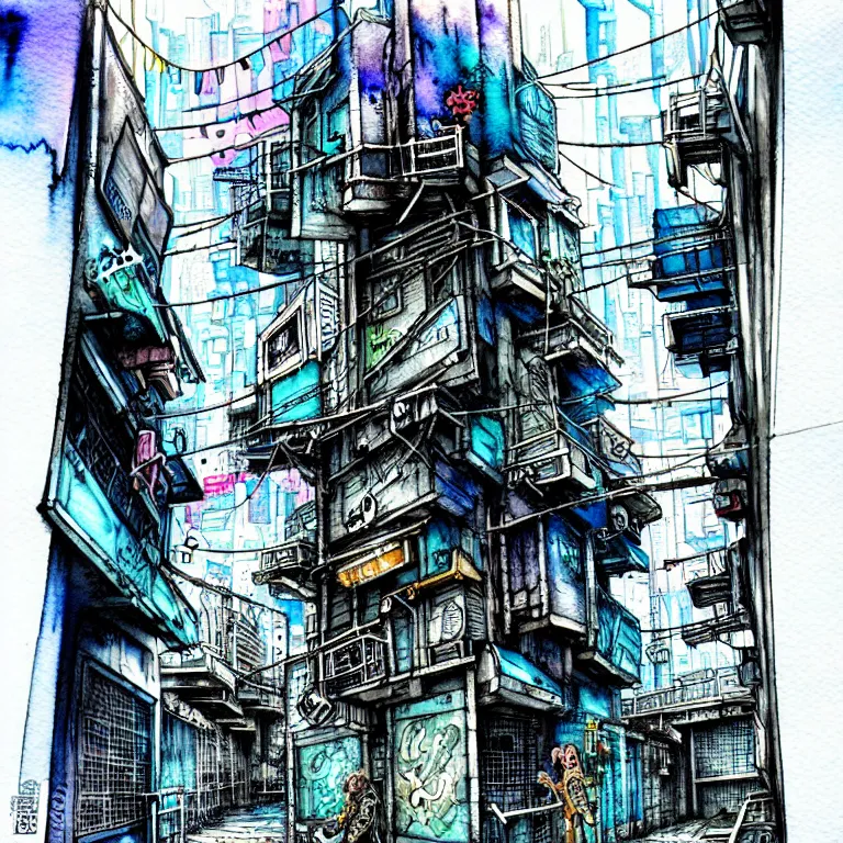 Image similar to an absurdly-detailed cyberpunk alleyway watercolor-calligraphy-pen drawing. Sea-life in a submerged-city.