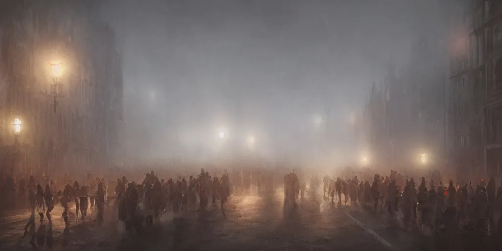 Image similar to a heavy swirling fog during a parade, soft lighting, night, unreal engine, digital art, 8 k, oil painting, fantasy art, illustration, detailed and intricate environment