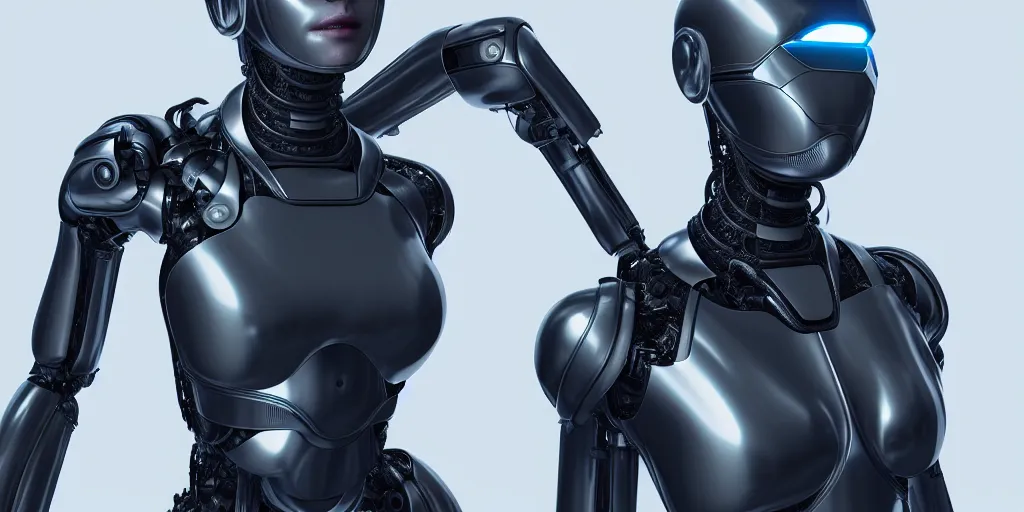 Prompt: hyper realistic s y m b i o s i s, female cyborg ex machina, glossy material hard surface, body armour, octane render, 4 k, volumetric lights