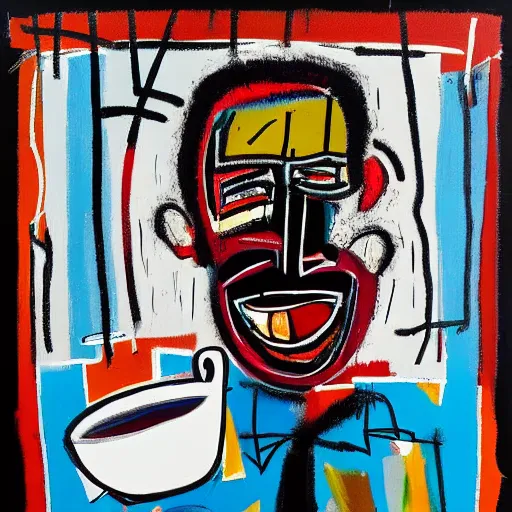 Prompt: Early morning sunlight is pouring through the window lighting the face of a joyous man drinking a hot cup of coffee. A new day has dawned bringing with it new hopes and aspirations. Painted in the style of Basquiat, 1981