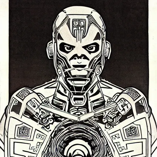 Image similar to majestic, hulking albino clone with engineering diagram tattoos on forehead and rough features, angular steel power armor carved with geometric aztec art deco patterns, on battlefield with strange coiled, spiral clouds, 1 9 7 0 s science fiction concept art photograph by deak ferrand, alphonse mucha, greg rutkowski and carvaggio