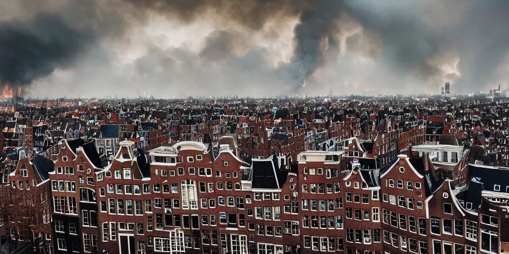 Image similar to the rooftops of amsterdam during a catastrophic fire. moody dark skies lit up by fire. photography