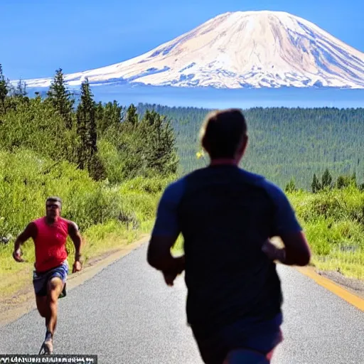 Image similar to a man in the foreground running with a terrified look on his face glancing behind him with mt st helens erupting behind him and ash is headed towards him