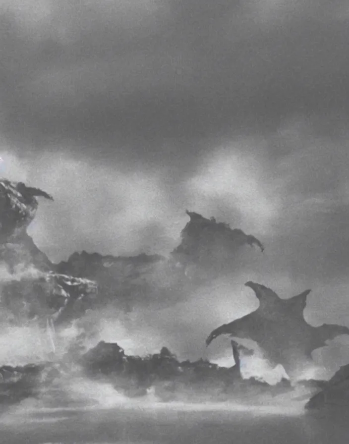 Image similar to a filmstill of a north korean monster movie, kaiju - eiga monster starfish - like trampling a traditional korean palace, foggy, film noir, video compression