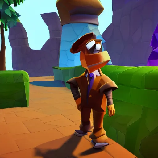 Image similar to screenshot of a humanoid inspector badger with a brown trenchcoat as an npc in spyro the dragon video game, with low poly playstation 1 graphics, upscaled to high resolution