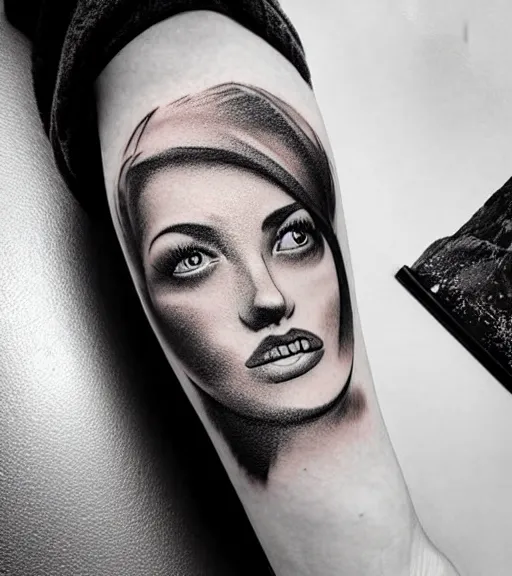 Image similar to amazing blend effect of beautiful mountain scenery with a beautiful woman face, tattoo design sketch, hyper - realistic, in the style of matteo pasqualin, amazing detail, black and white