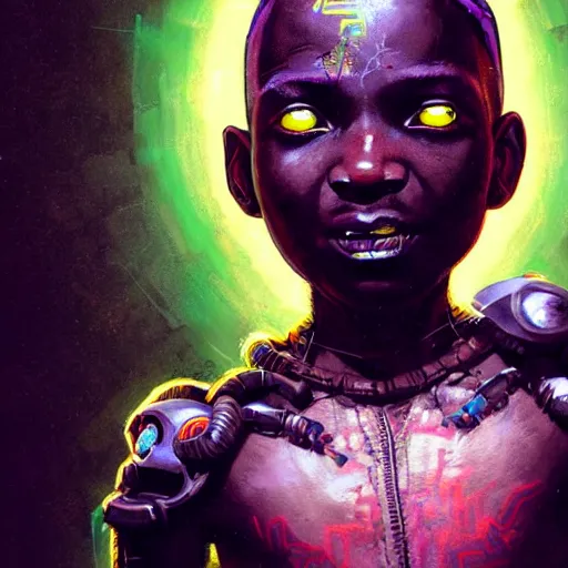 Image similar to a dark and ominous cyborg african child soldier with glowing eyes and tribal facial scarification, neon graffiti, Apex Legends character digital illustration portrait design, by android jones and greg rutkowski in a cyberpunk voodoo style, retrowave color scheme, detailed, cinematic lighting, wide angle action dynamic portrait