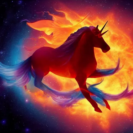 Image similar to unicorn on fire in space
