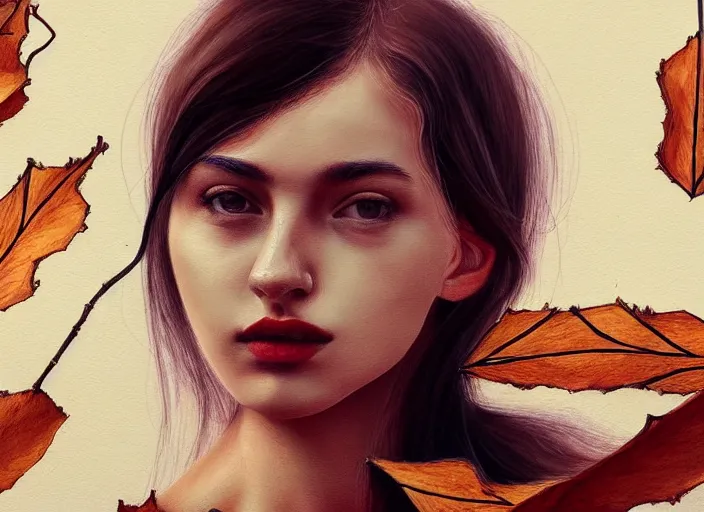 Image similar to landscape, a young woman between the ages of 2 0 - 2 5 years, wearing clothes made of leaves, fine art, modern realism, sharp focus, good lighting, trending on artstation, trending on tiktok, smooth drawing, elegant, authoritative, without anomalies.