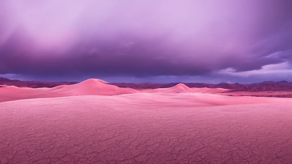 Prompt: soft glow pink desert with snow mountains and cloudy skies, purple fog, long exposure, detailed, hyper realistic, photorealism, landscape, ultra wide angle view, peaceful, cinematic, volumetric lighting, god ray through clouds