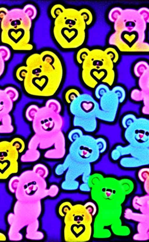 Image similar to care bears at woodstock concert blacklight style