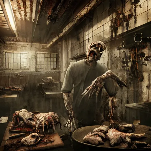 Prompt: butcher angry rotting zombie, detailled portrait, modern butchery interior, feeling of grimdark horror, daytime, high contrast, ultra intricate detailed, octane render, unreal engine