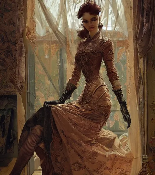 Image similar to woman model, intricate steampunk clothes, in a bedroom!!!!!!!!!!!!!!!!!!!!, modern, elegant, highly detailed, digital painting, artstation, concept art, smooth, sharp focus, illustration, art by krenz cushart and artem demura and alphonse mucha