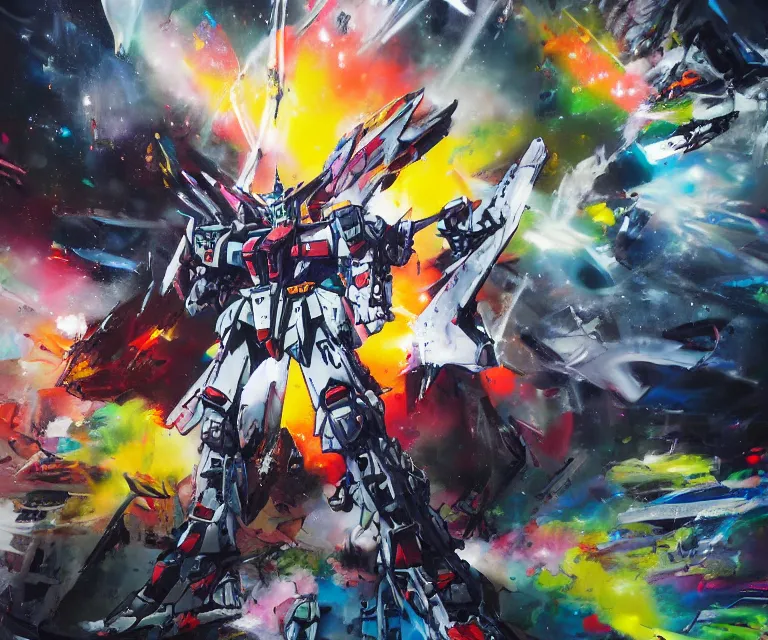 Image similar to acrylic and spraypaint action portrait of giant origami mecha gundam battling in space, explosions, graffiti wildstyle, large brush strokes, painting, paint drips, acrylic, clear shapes, spraypaint, smeared flowers, large triangular shapes, painting by totem 2, jeremy mann, masterpiece