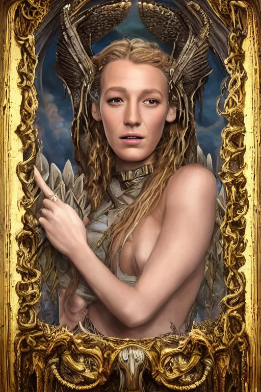 Image similar to A fantasy book style portrait painting of a hybrid, Blake Lively, Anya_Taylor-Joy, Cory Chase, as a Mystical Valkyrie, Anubis-Reptilian, Atlantean Warrior, François Boucher, Oil Painting, Crisp clear resolution, unreal 5, DAZ, hyperrealistic, octane render, Regal, Refined, Detailed Digital Art, RPG portrait, William-Adolphe Bouguereau, Michael Cheval, Walt Disney (1937), Steampunk, hyperdetailed, artstation, cgsociety, Volumetric Golden dappled dynamic lighting, Highly Detailed, Cinematic Lighting, Unreal Engine, 8k, HD