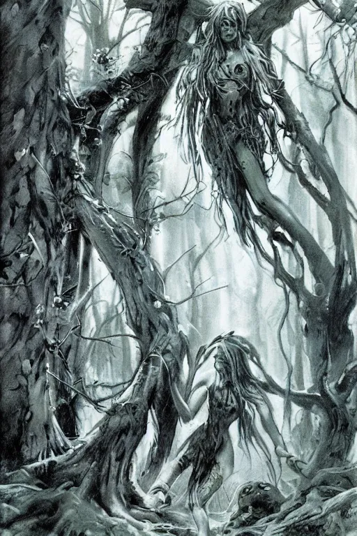 Image similar to a forest dryad luring men to their son, by Peter Andrew Jones