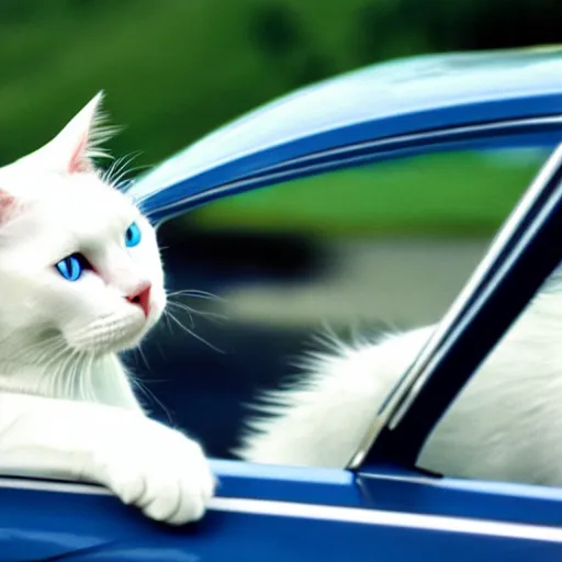 Image similar to a white cat with blue eyes driving a sport car, austria, film still, sound of music, 4 k, 8 k
