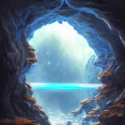 Image similar to a scary glowing blue magical portal to another world in darwin's arch, ocean and rock landscape, d & d, fantasy, intricate, elegant, highly detailed, digital painting, artstation, concept art, matte, sharp focus, illustration, art by hayao miyazaki and hideo kojima