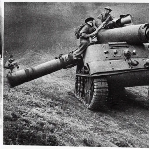 Image similar to a picture of a enormous bear pulling a towed anti - tank canon behind his back like a chariot, eastern front, historical picture