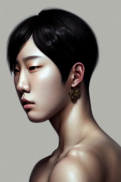 Prompt: photorealistic portrait of a young butch kpop woman, handsome, female, masculine, upper body, fantasy, fierce, sharp features, intricate, elegant, highly detailed, digital painting, artstation, concept art, matte, sharp focus, illustration, art by artgerm and greg rutkowski and alphonse mucha