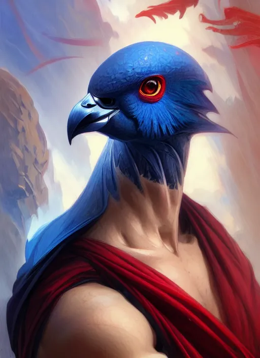 Image similar to portrait of aggressive pigeon humanoid, d & d, muscular! blue and red, fantasy, intricate, elegant, highly detailed, digital painting, artstation, concept art, smooth, sharp focus, illustration, art by artgerm and greg rutkowski and alphonse mucha