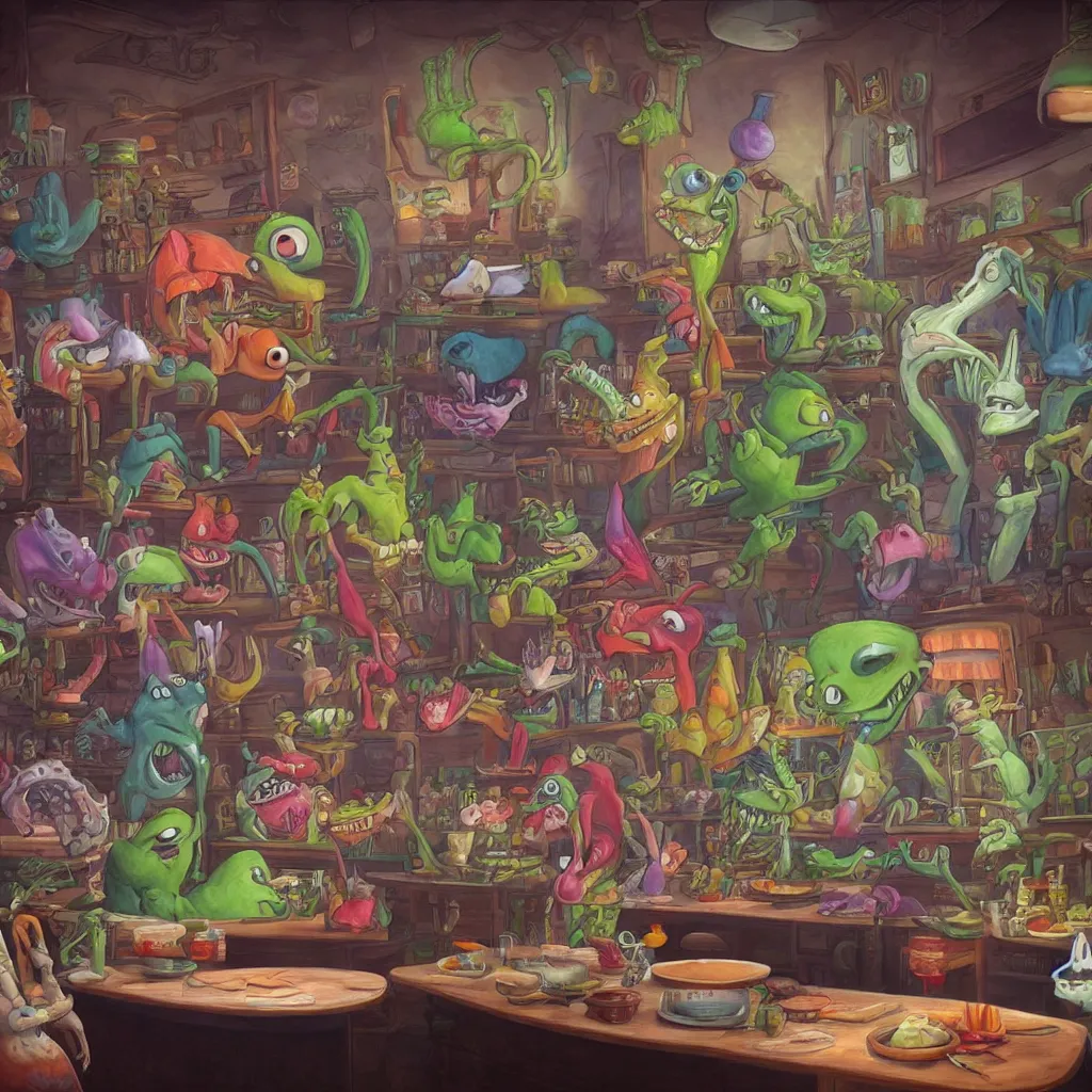 Image similar to a beautiful painting of an aaahh!!! real monsters chef in an aaahh!!! real monsters bistro by james gurney | unreal engine :. 5