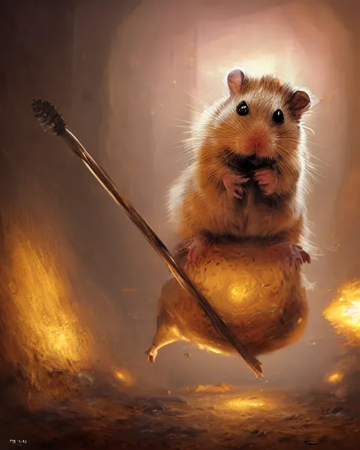 Image similar to oil painting of anthropomorphized hamster hitting floor with pickaxe, steampunk clothes, close shot, full body, dark steampunk mine shaft background, sharp focus, fantasy style, octane render, volumetric lighting, 8k high definition, by greg rutkowski, highly detailed, trending on art Station, dungeons and dragons artwork, centered