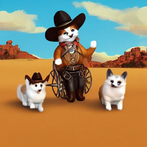 Image similar to cat in a cowboy hat riding a corgi, wild west, sunset